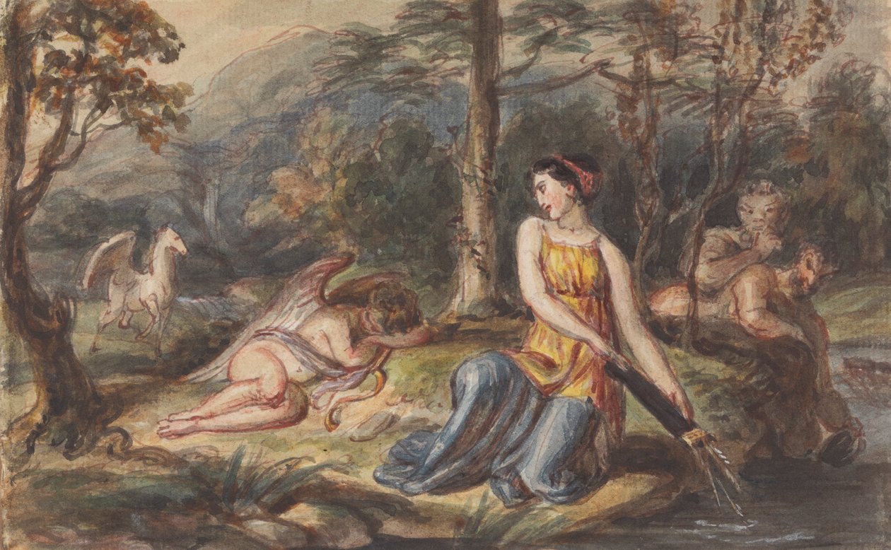 Diana, godin van de jacht, met saters, slapende Cupido en een Pegasus in een bosrijk landschap door Robert Smirke