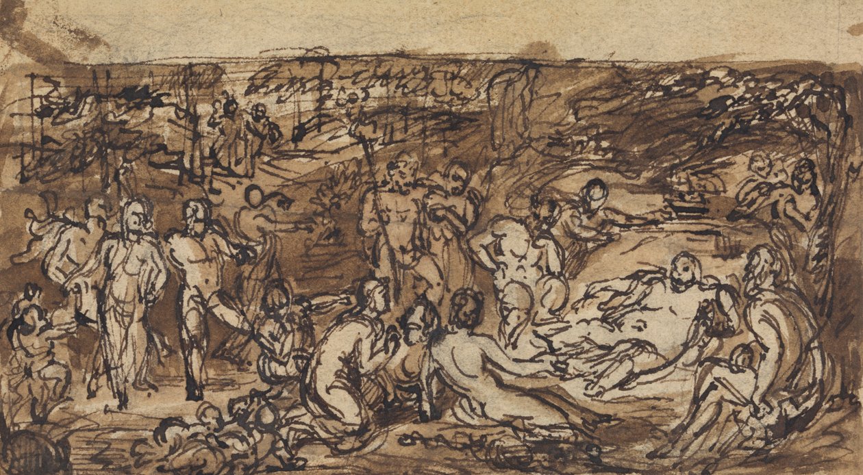 Figurenstudies van een groep mensen in een bosrijke open plek door Robert Smirke