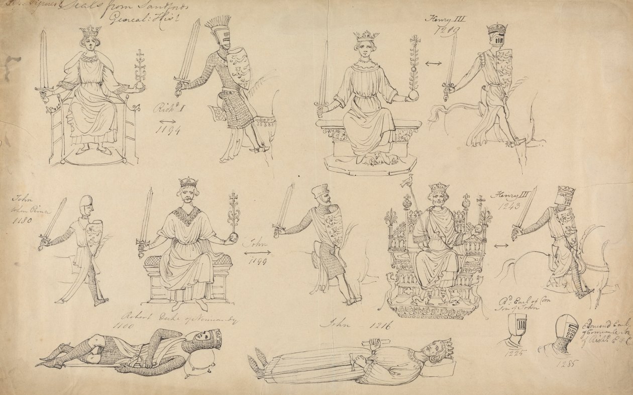 Studies van figuren en zegels uit Sandfords Geneal History door Robert Smirke