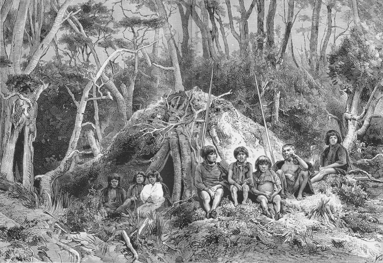 Fuegians en hun wigwams door Robert Taylor Pritchett