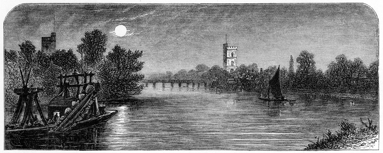 Putney Bridge en Kerk bij Maanlicht, 1880 door Robert Taylor Pritchett