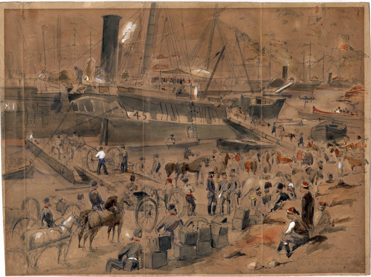 Inscheping van de artillerie aan boord van de Argo, Balaclava, mei 1856 door Robert Thomas Landells