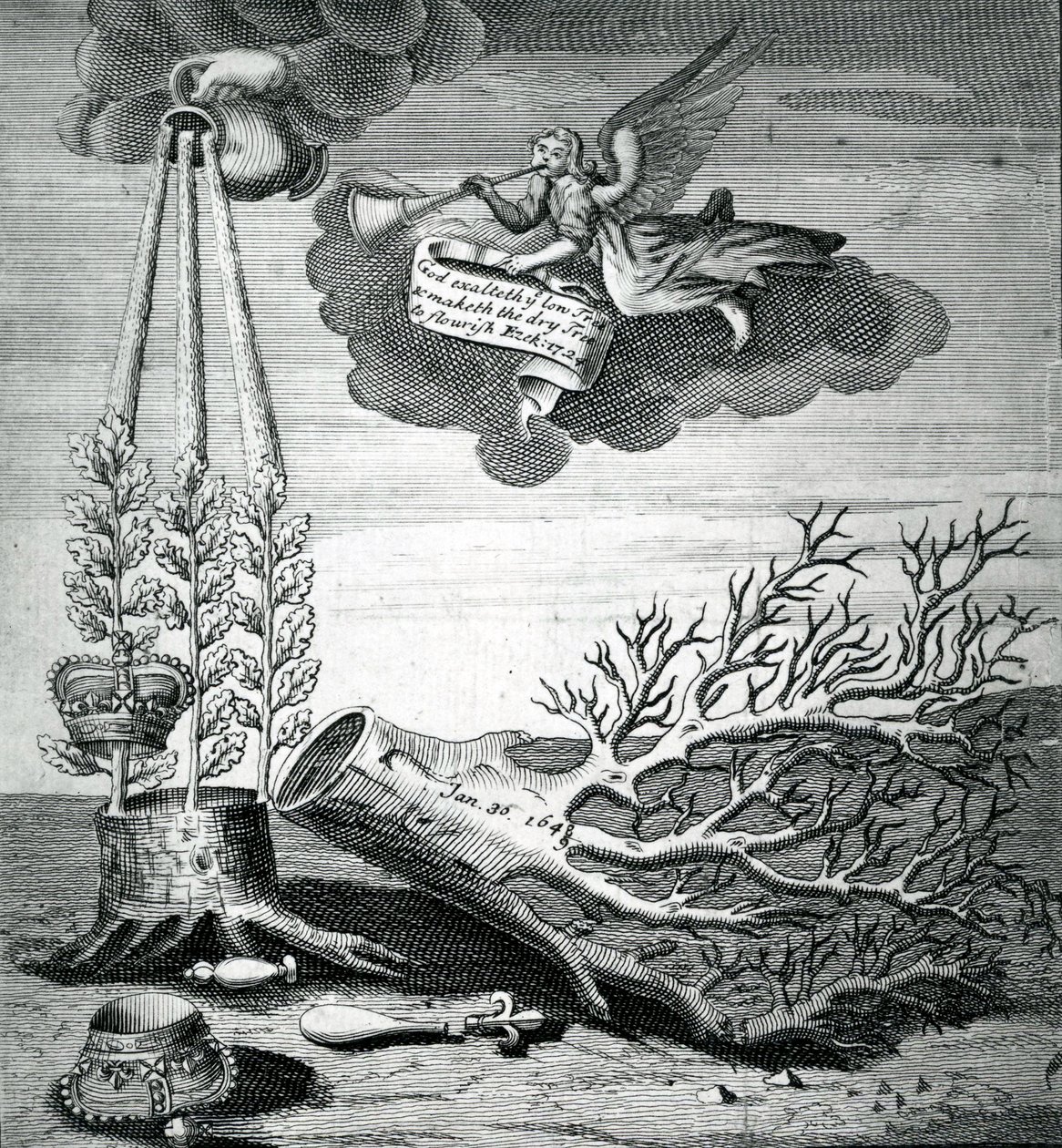 Emblematische prent verwijzend naar de executie van Karel I en de Stuart-opvolging, 1715 door Robert Vaughan