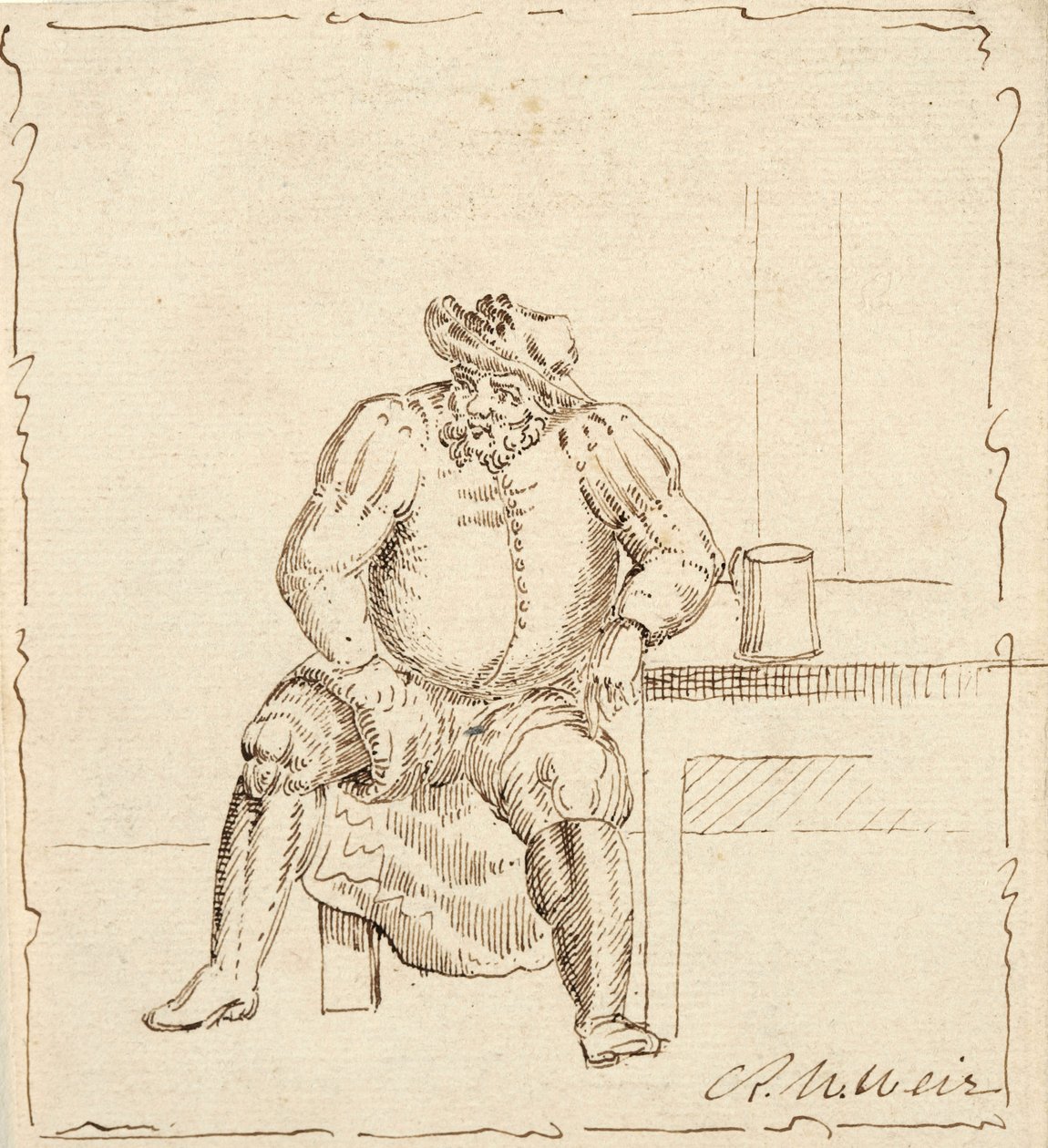 Schets van zittende man met mok, mogelijk Falstaff door Robert Walter Weir