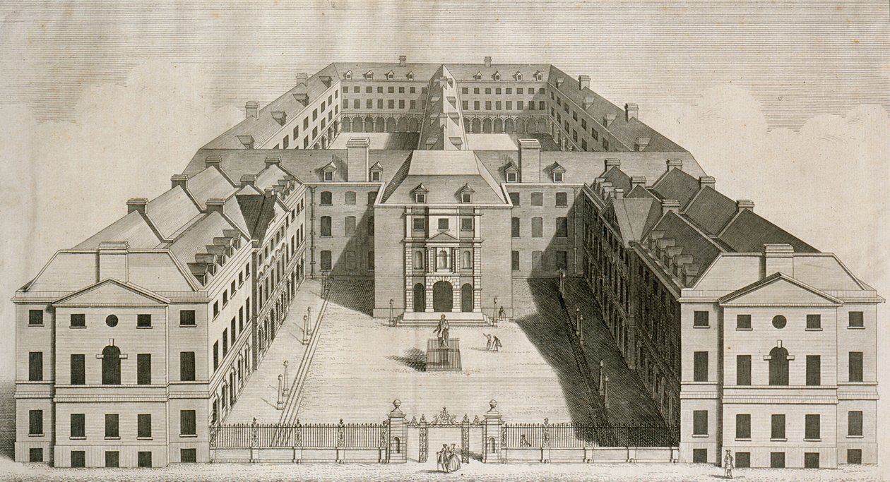 Vogelvlucht van Guys Hospital, Southwark, met figuren in de binnenplaats, gegraveerd door William Henry Toms, c.1756 door Robert West