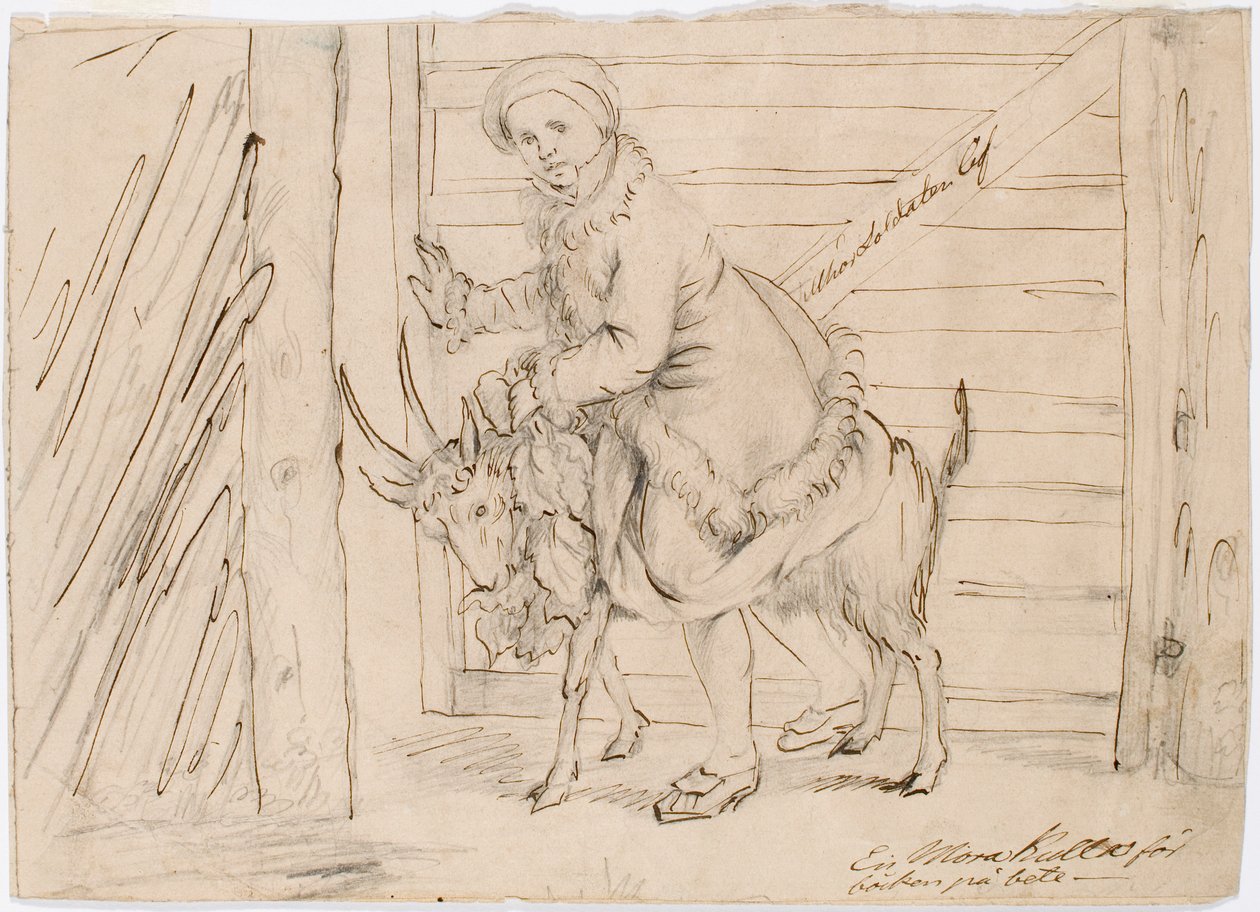"Een Mora-bal voor de bok op de wei", nainen ratsastamassa pukilla door Robert Wilhelm Ekman