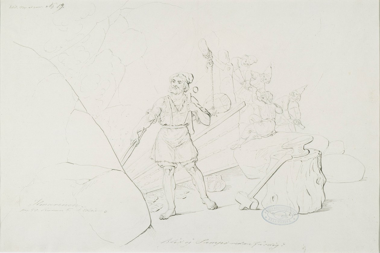 Ilmarinen takoo sampoa ; Originaalipiirustus piirrossarjaan "Kalewala, Fins nationaal gedicht, voorgesteld in tekeningen R.W.Ekman". door Robert Wilhelm Ekman