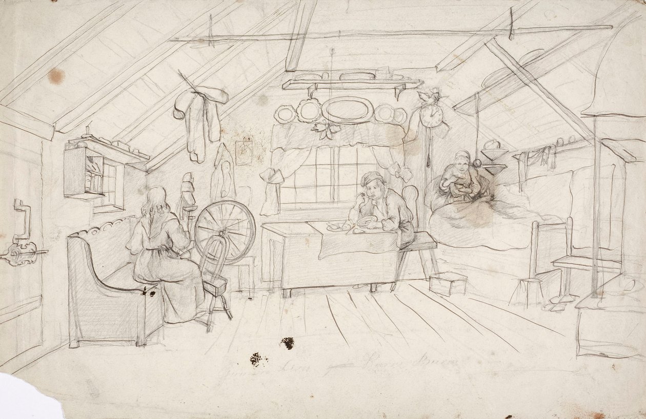 Een interieur met drie mensen: één in bed die koffie drinkt, één aan tafel die pap eet en één bij de rogge. door Robert Wilhelm Ekman