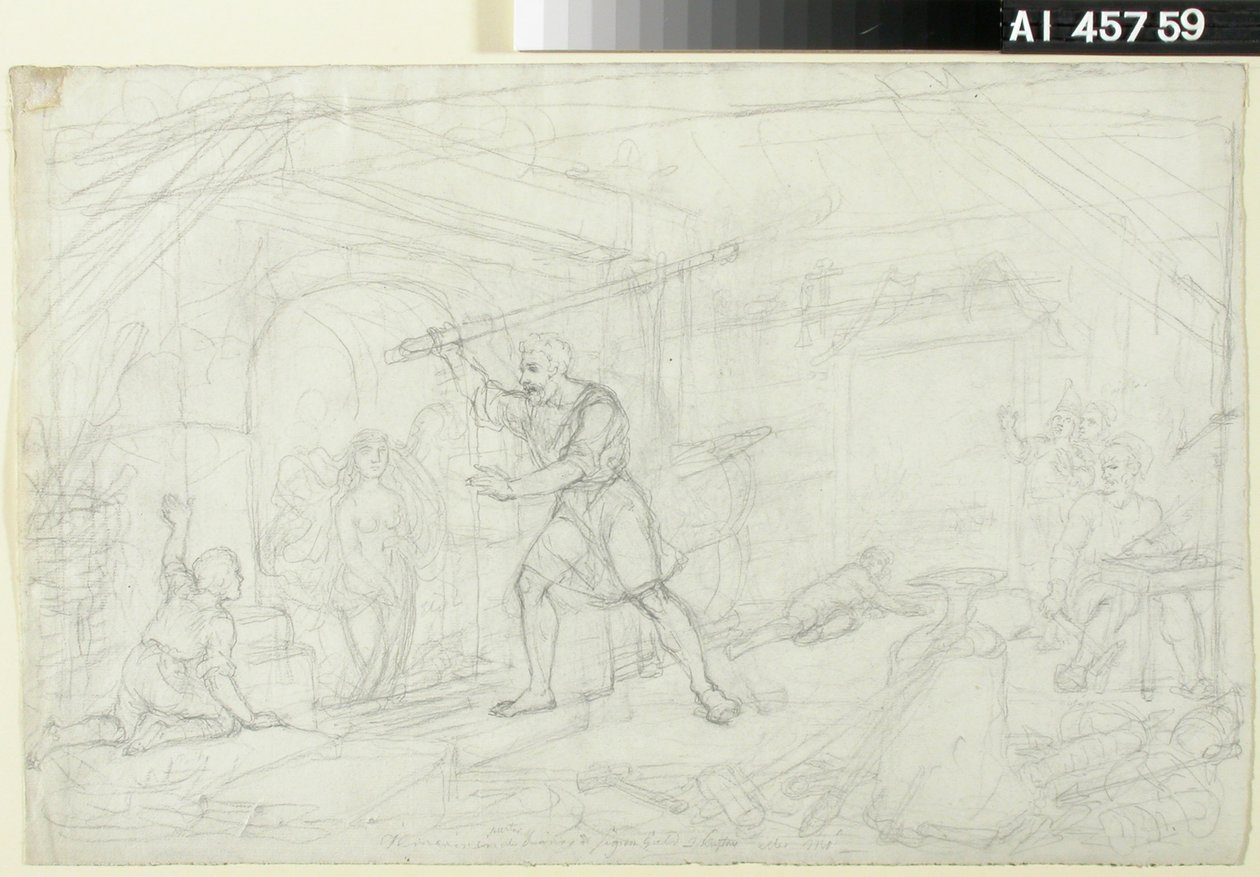 Goudsmeden, schets voor een Kalevala-tekenfilmserie ; Repetitie voor het personage Ilmarinen op de voorpoule (dubbelzijdig werk) door Robert Wilhelm Ekman