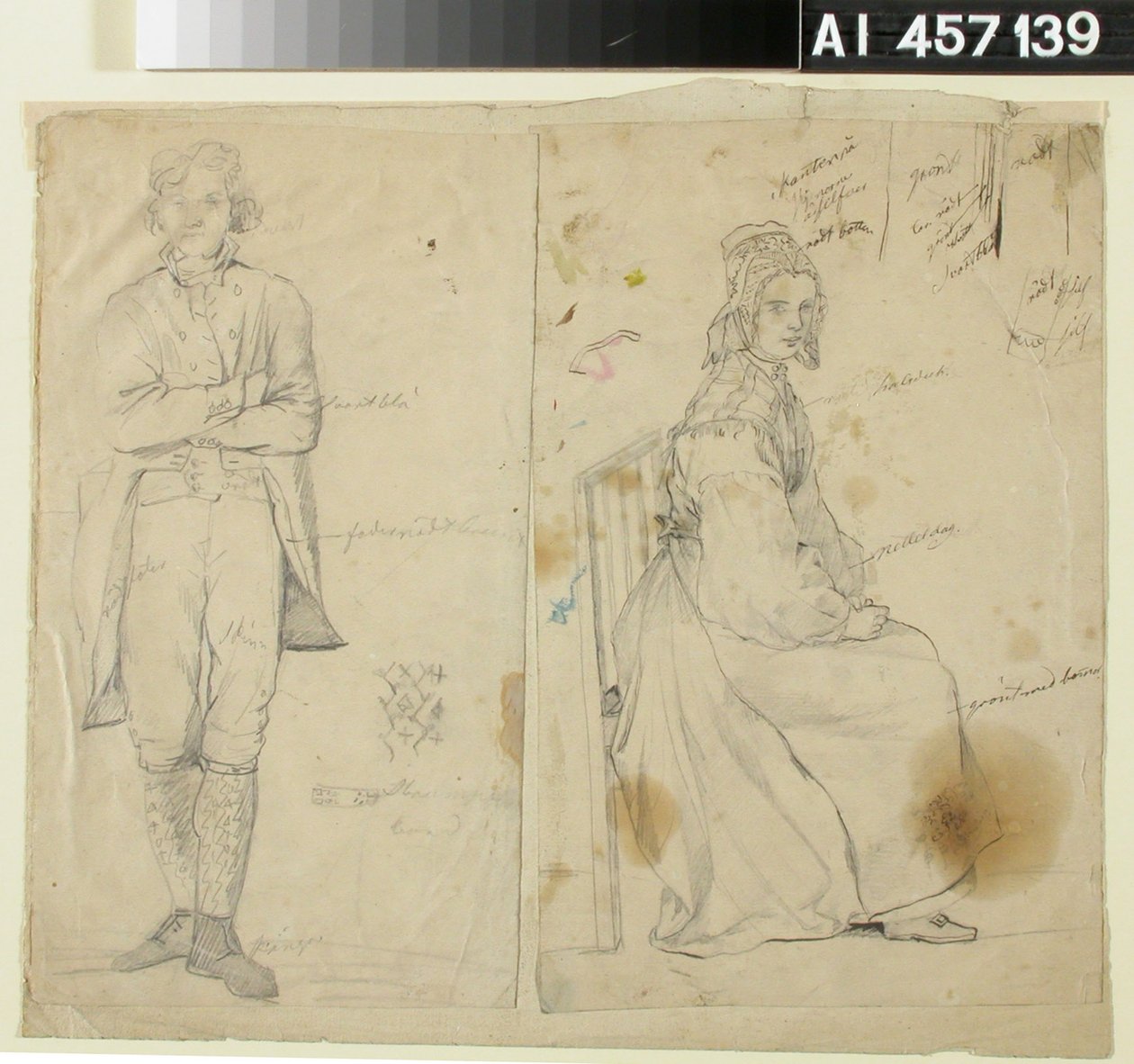 Man met zijn handen in de lucht en vrouw in nationale klederdracht door Robert Wilhelm Ekman