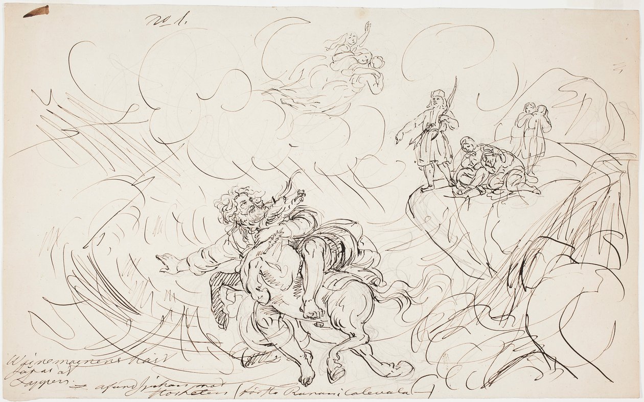 Het schieten van Väinämöinen, schets voor een serie tekeningen met Kalevala-thema door Robert Wilhelm Ekman