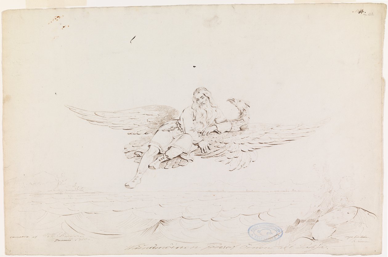 Väinämöinen gedragen door een adelaar ; Originele tekening voor "Kalewala, Fins nationaal gedicht, gepresenteerd in tekeningen door R.W.Ekman". door Robert Wilhelm Ekman