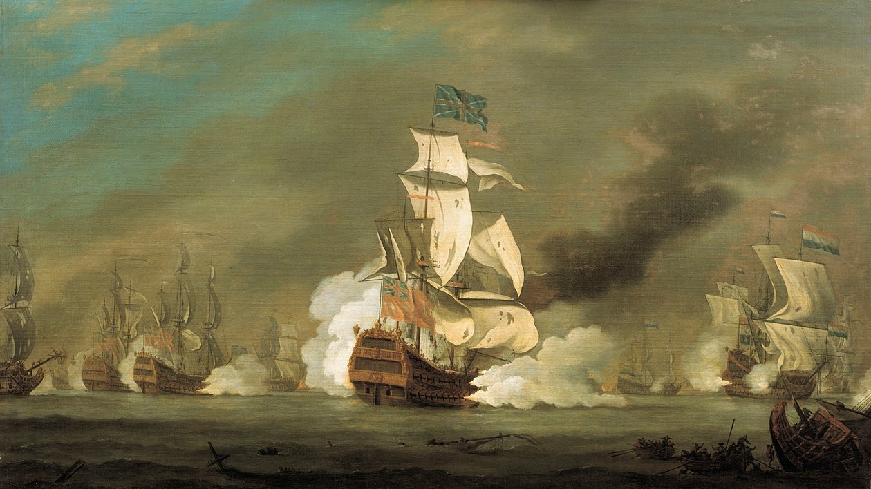 Een gevecht tussen Engelse en Nederlandse schepen, begin 18e eeuw door Robert Woodcock