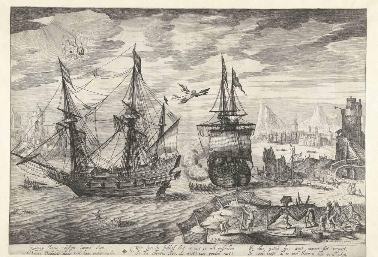 Haven met schepen, in de lucht de val van Icarus door Robert de Baudous