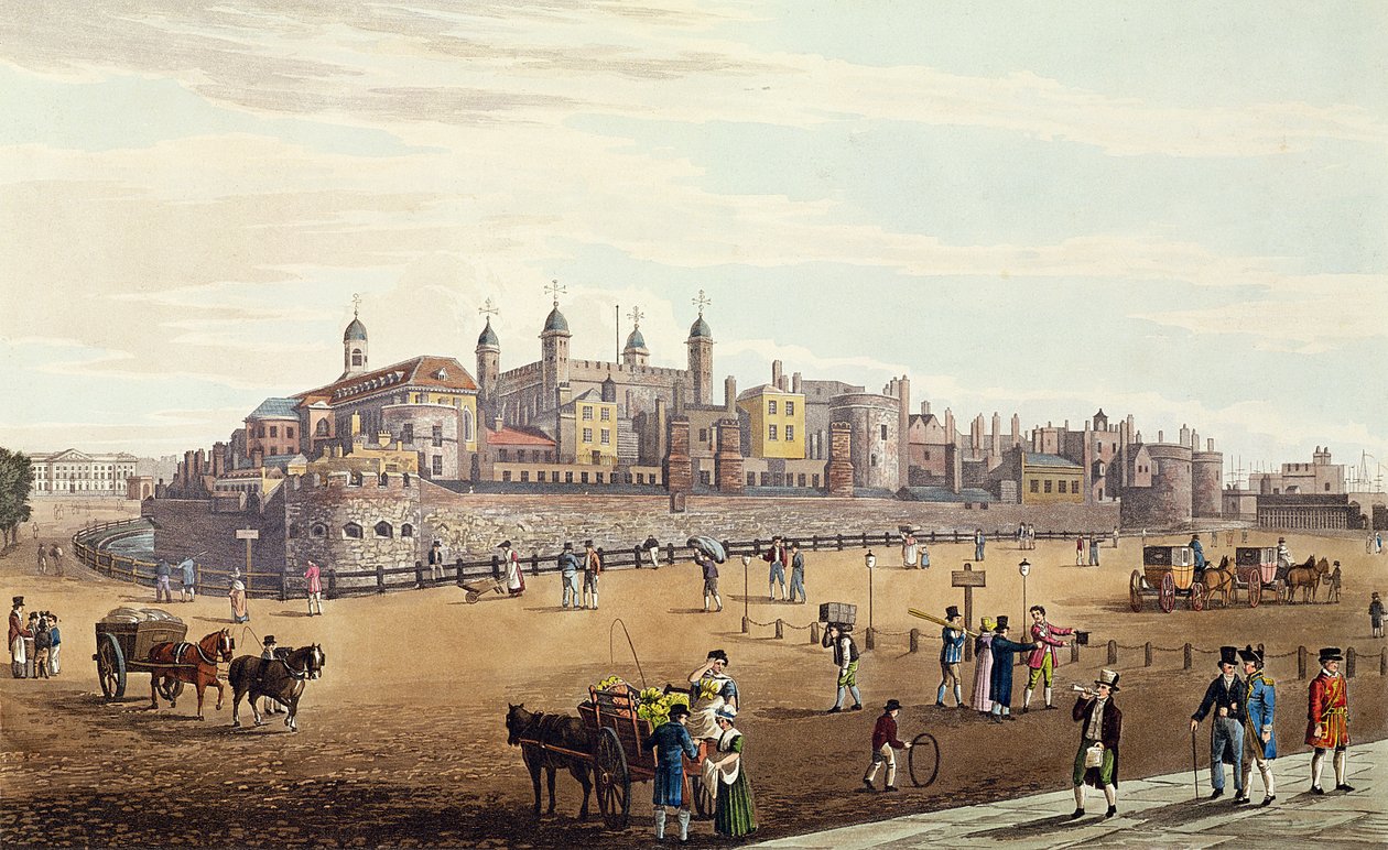 Uitzicht op de Tower of London en de Munt, uitgegeven door Colnaghi und Co, 1821 door Robert the Elder and Younger Havell
