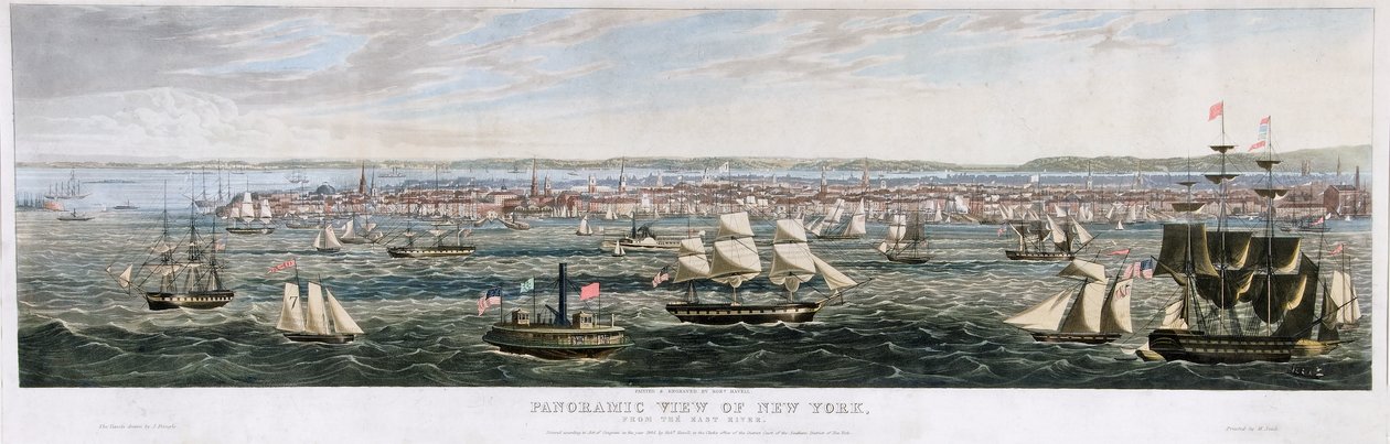 Panoramisch uitzicht op New York, vanaf de East River, uitgegeven 1844 door Robert the Younger Havell