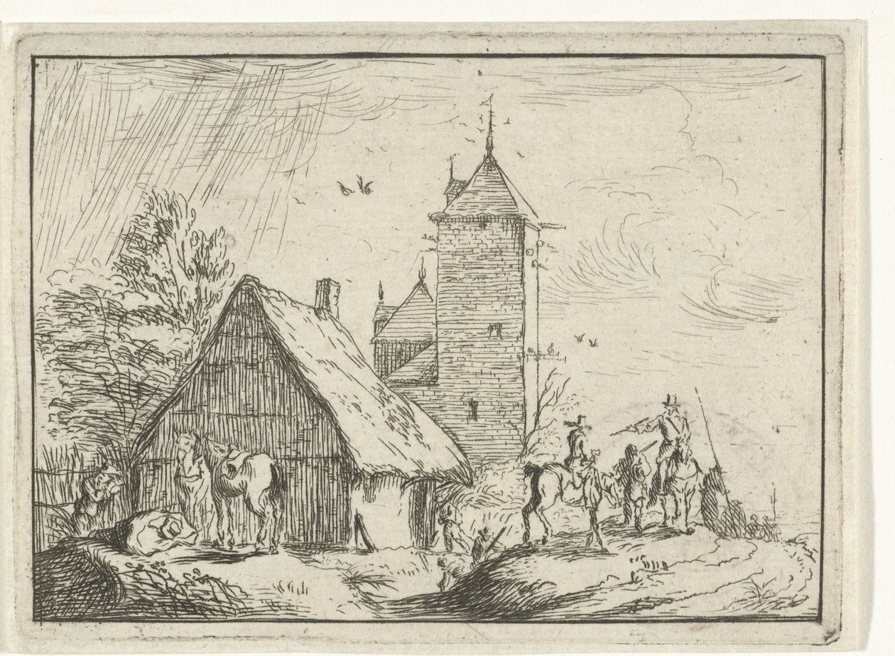 Ruiters bij een toren door Robert van den Hoecke