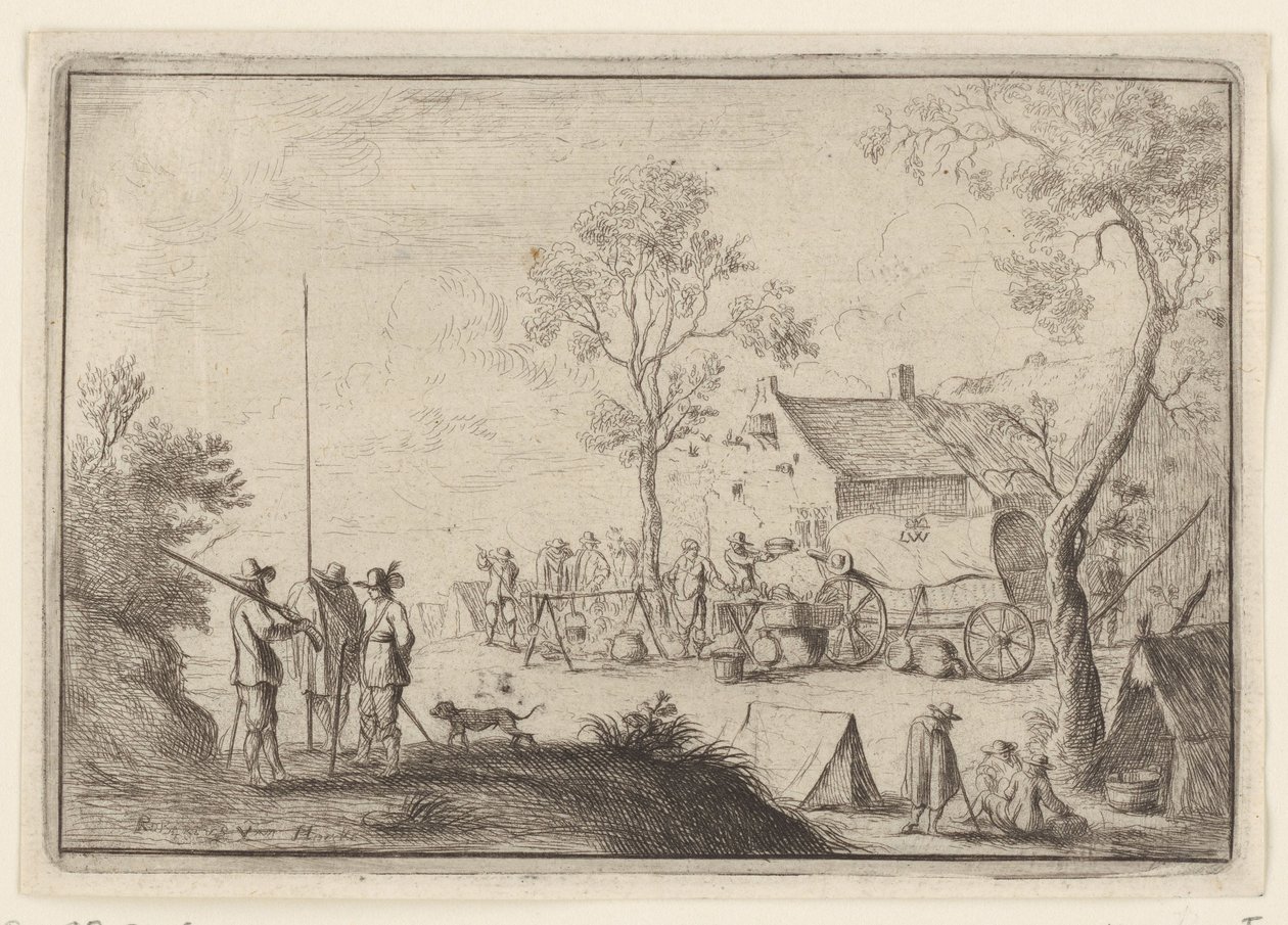 Soldaten rond een kookpot door Robert van den Hoecke
