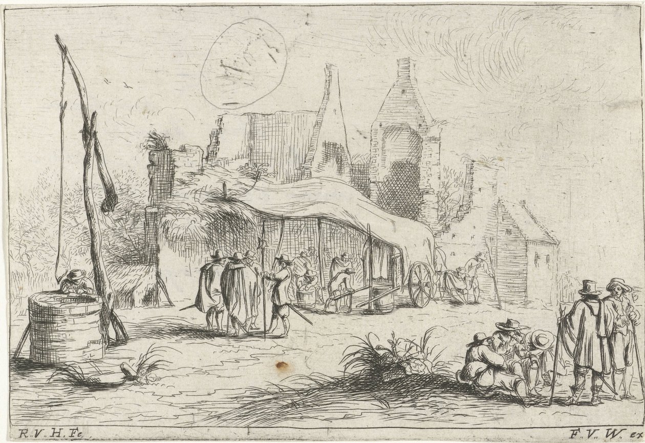 Waterput en een tent bij een ruïne door Robert van den Hoecke