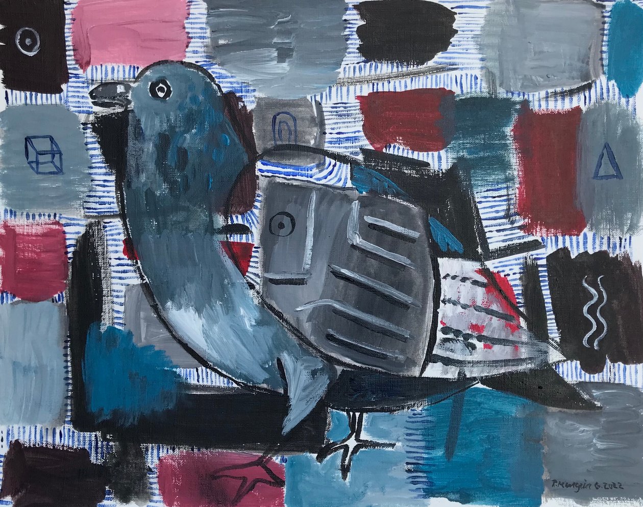 Pigeon Tales, c.2022 (acryl op papier) door Roberto Munguia