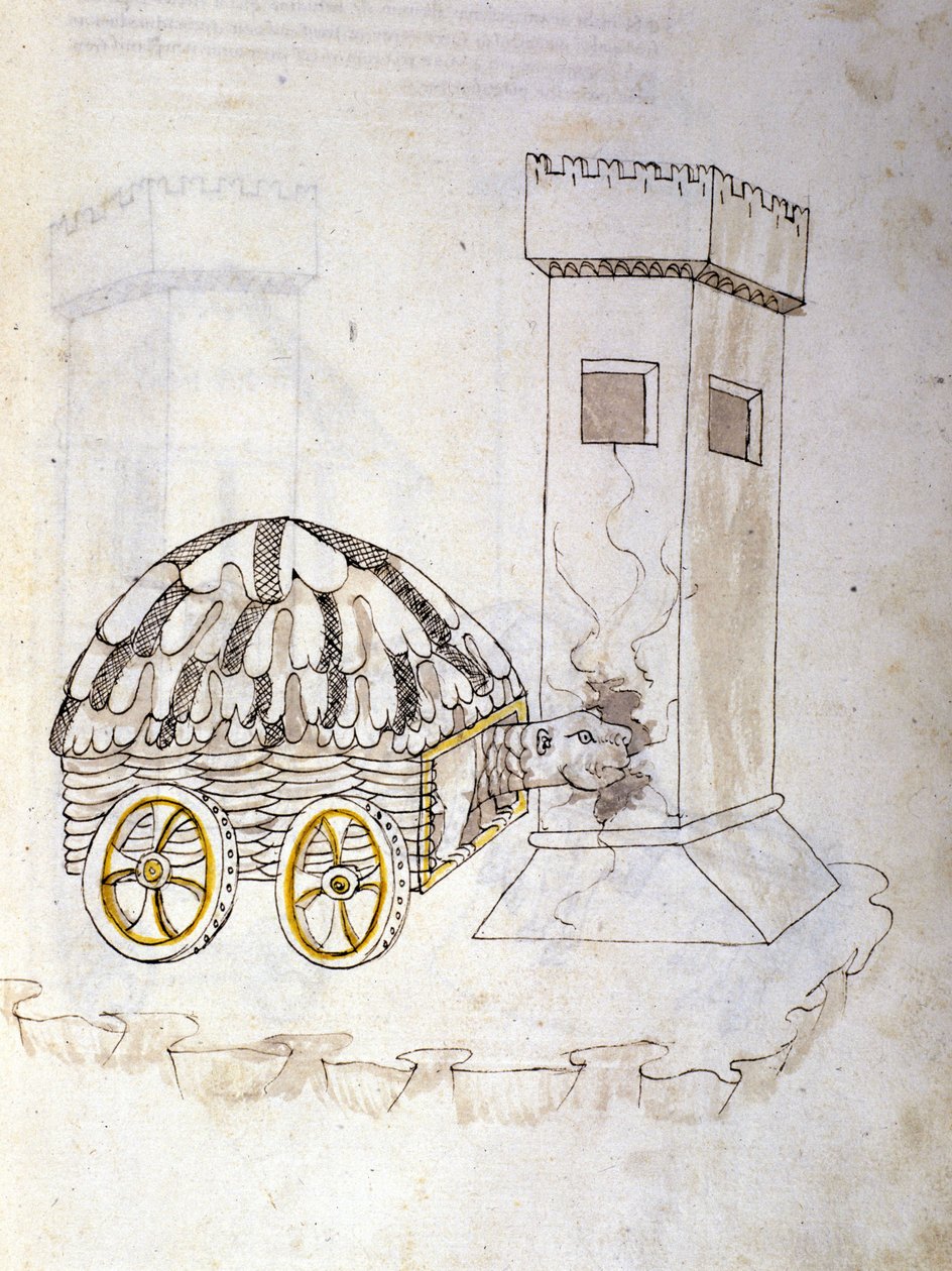 Krijgskunst: studie over militaire machines. een machine uitgerust met een pantser die een toren bestormt, illustratie uit 