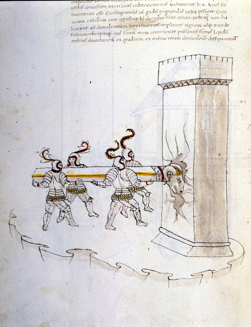 Krijgskunst: studie over militaire machines. gebruik van de stormram om een toren te belegeren, illustratie uit 