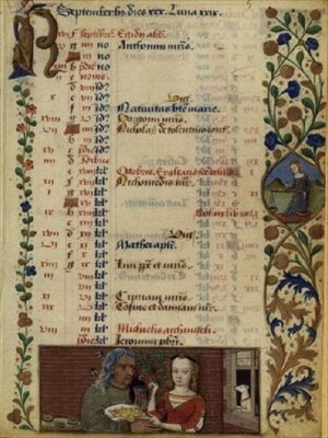 Ms lat 1173 f.5 September; twee figuren met fruit, uit de Getijden van Charles d