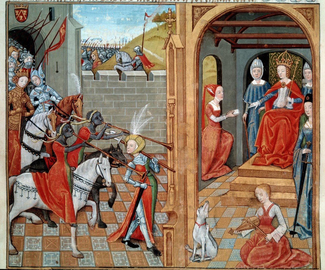 De Amazones aan het hof van een koningin waarschijnlijk Louise van Savoye (1467-1531) Miniatuur uit het manuscript fr. 22971 