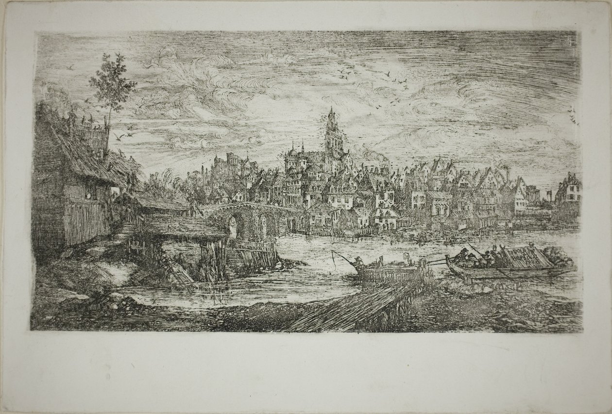 Stad met stenen brug door Rodolphe Bresdin