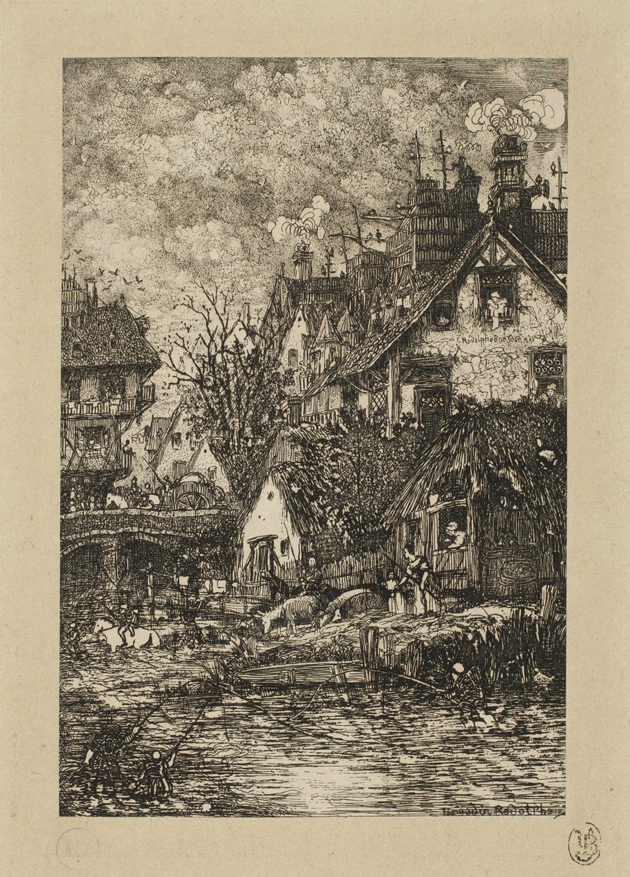 Een dorp binnenkomen, uit Revue Fantaisiste door Rodolphe Bresdin
