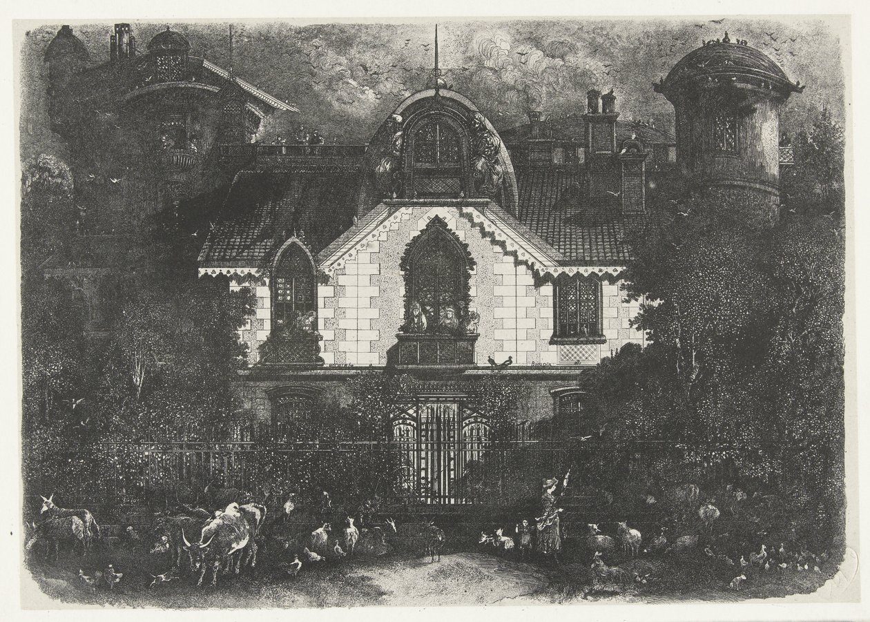 Huis met toren achter een hek en herderin met vee door Rodolphe Bresdin