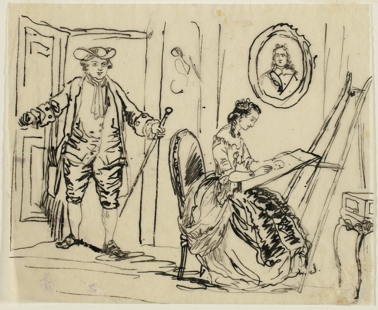 Interieur met man en vrouw in achttiende-eeuwse kleding door Rodolphe Bresdin