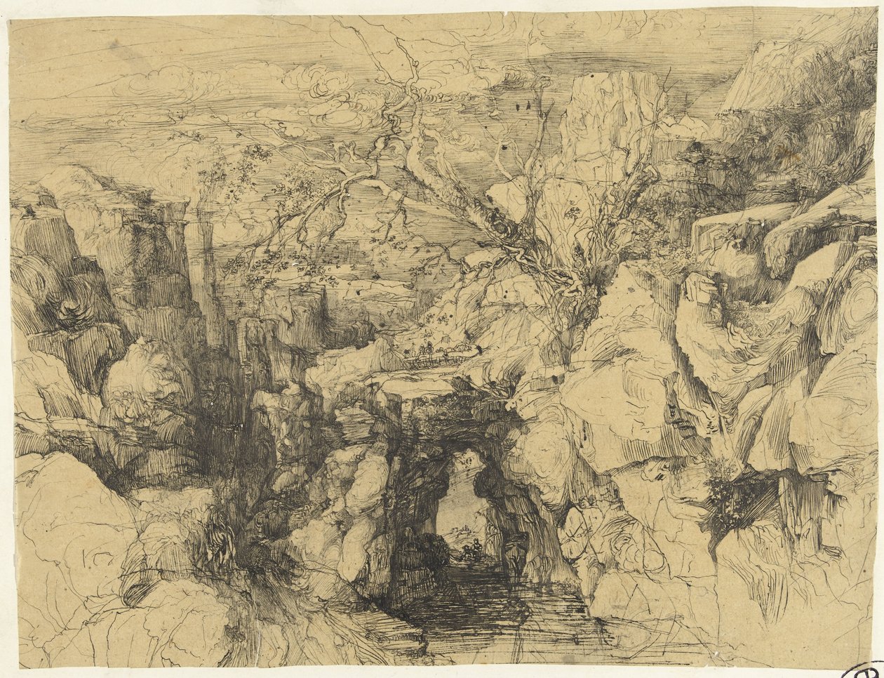 Landschap met rotsen en stenen brug over bergstroom door Rodolphe Bresdin
