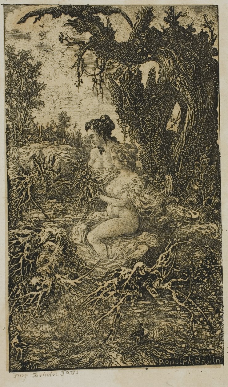 Twee vrouwen baden aan de waterkant, uit Revue Fantaisiste door Rodolphe Bresdin