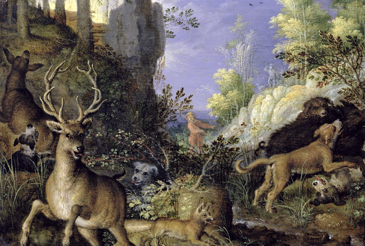 Een Boslandschap met Jagers en Dieren door Roelandt Jacobsz. Savery