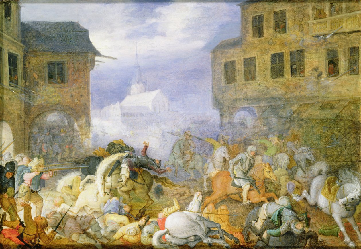 Straatgevecht op het Malostranske Namesti (Kleinseite Platz) in Praag, 15 februari 1611 door Roelandt Jacobsz. Savery