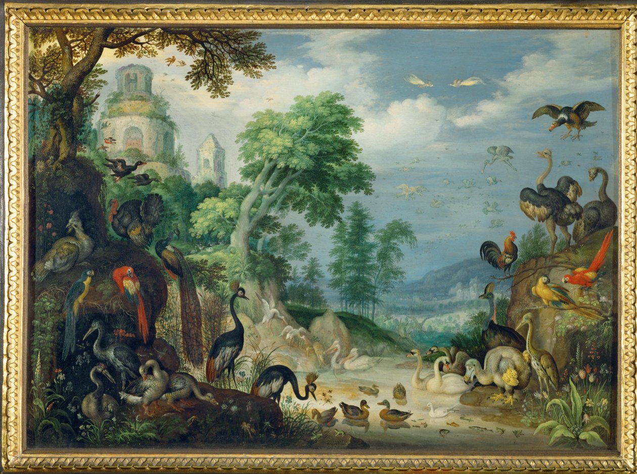 Landschap met vogels (schilderij op koper) door Roelandt Jacobsz. Savery