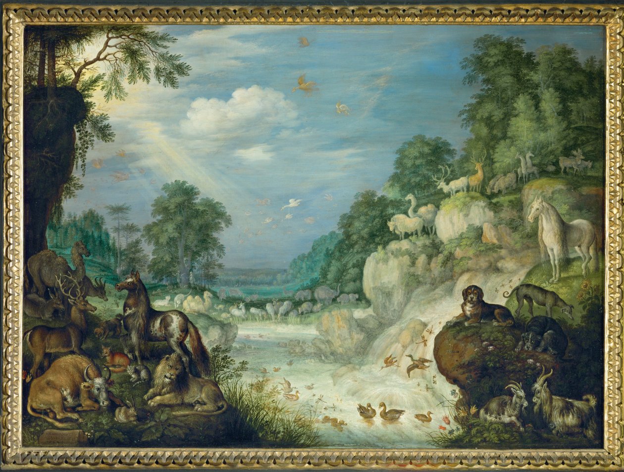 Paradijs, op de achtergrond De zondeval (schilderij op koper) door Roelandt Jacobsz. Savery