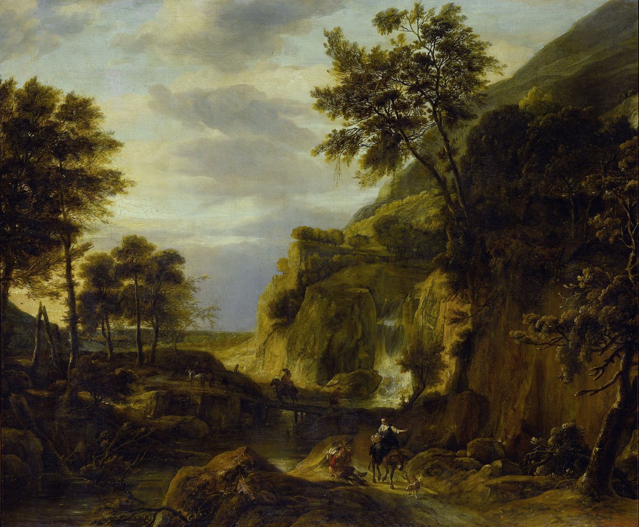 Berglandschap met waterval door Roelandt Roghman