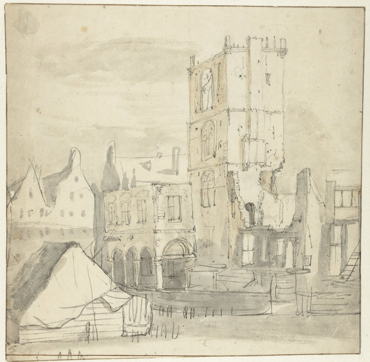 Ruïnes van het oude stadhuis, Amsterdam, na de brand van 1652 door Roelant Roghman (attributed to)