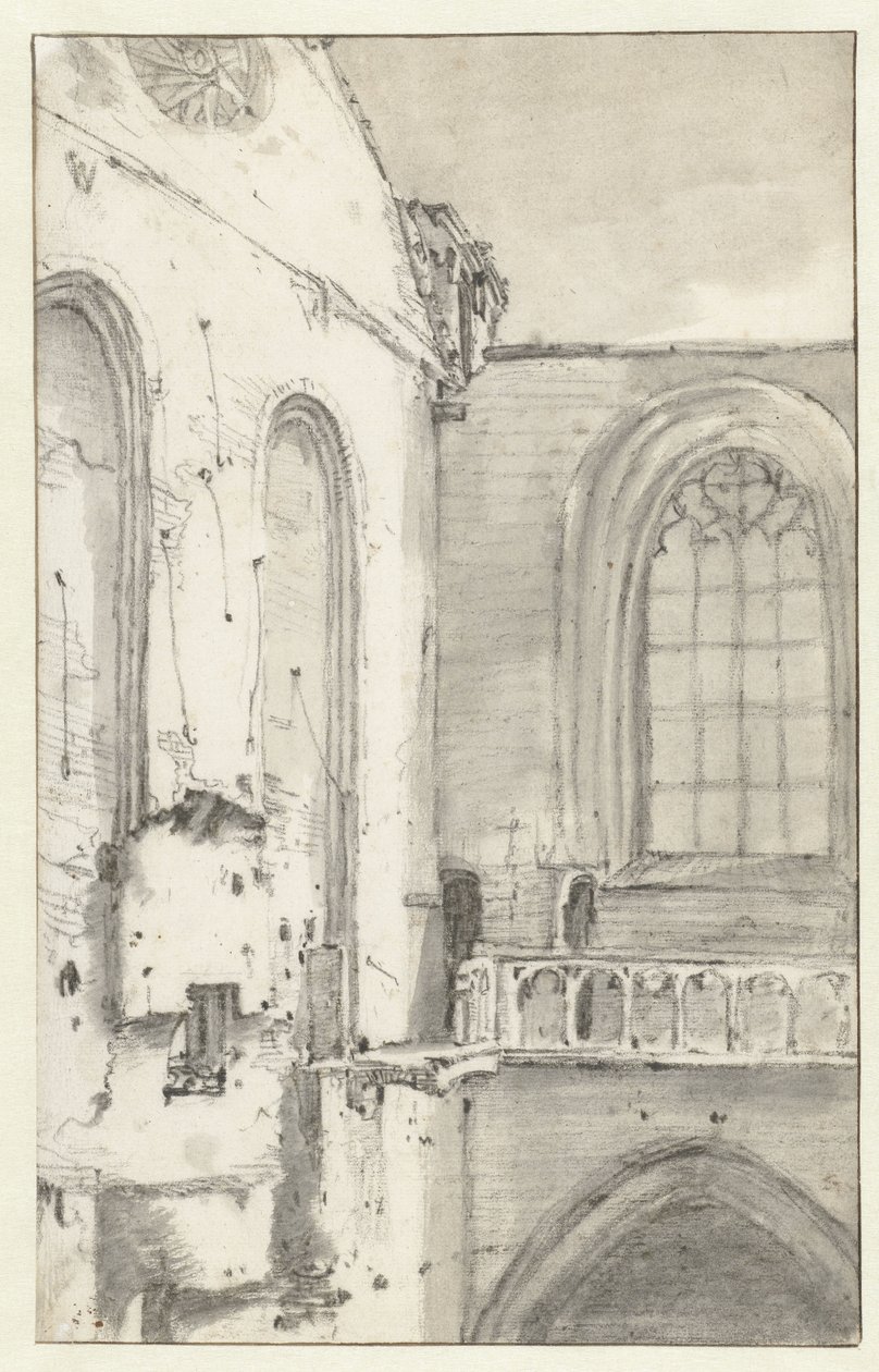 Uitzicht op het transept van de Nieuwe Kerk, Amsterdam, na de brand van 1645 door Roelant Roghman (attributed to)