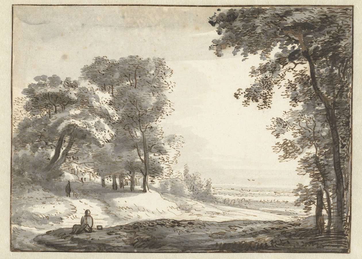 Boslandschap met rustende reiziger door Roelant Roghman