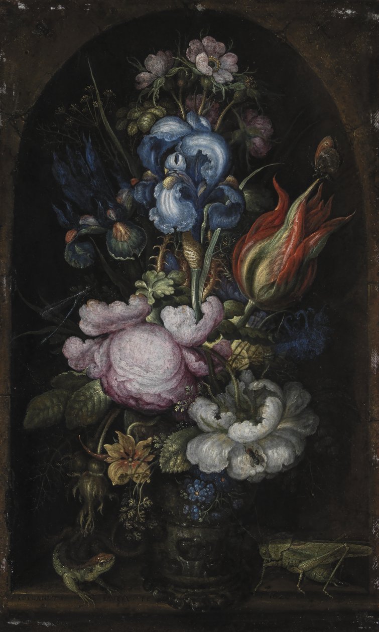Boeket bloemen in een stenen nis door Roelant Savery