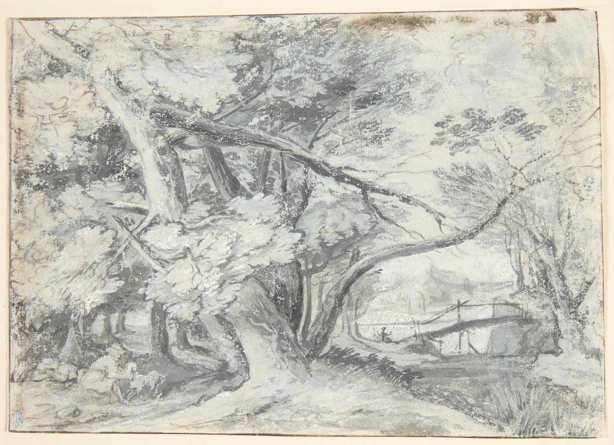 Boslandschap met grote bomen, waaronder twee mannen en een hond. Rechts een brug door Roelant Savery
