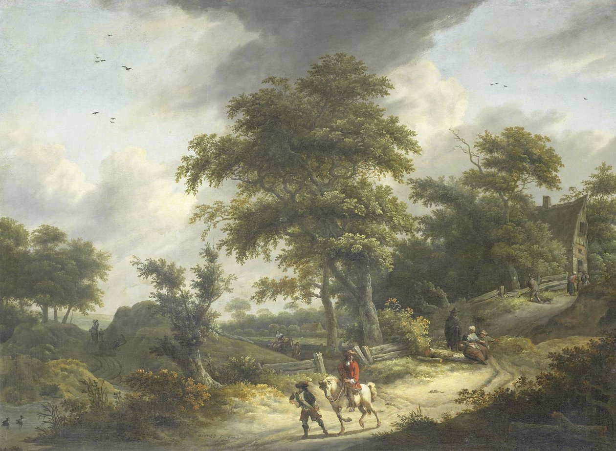 Landschap met valkenier door Roelof van Vries