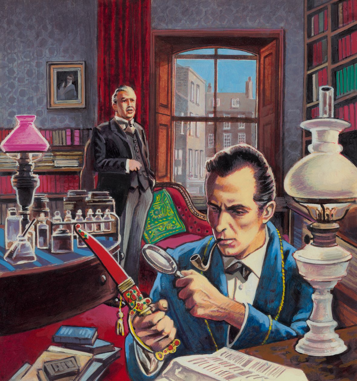 Sherlock Holmes in zijn studeerkamer (gouache op papier) door Roger (after) Payne