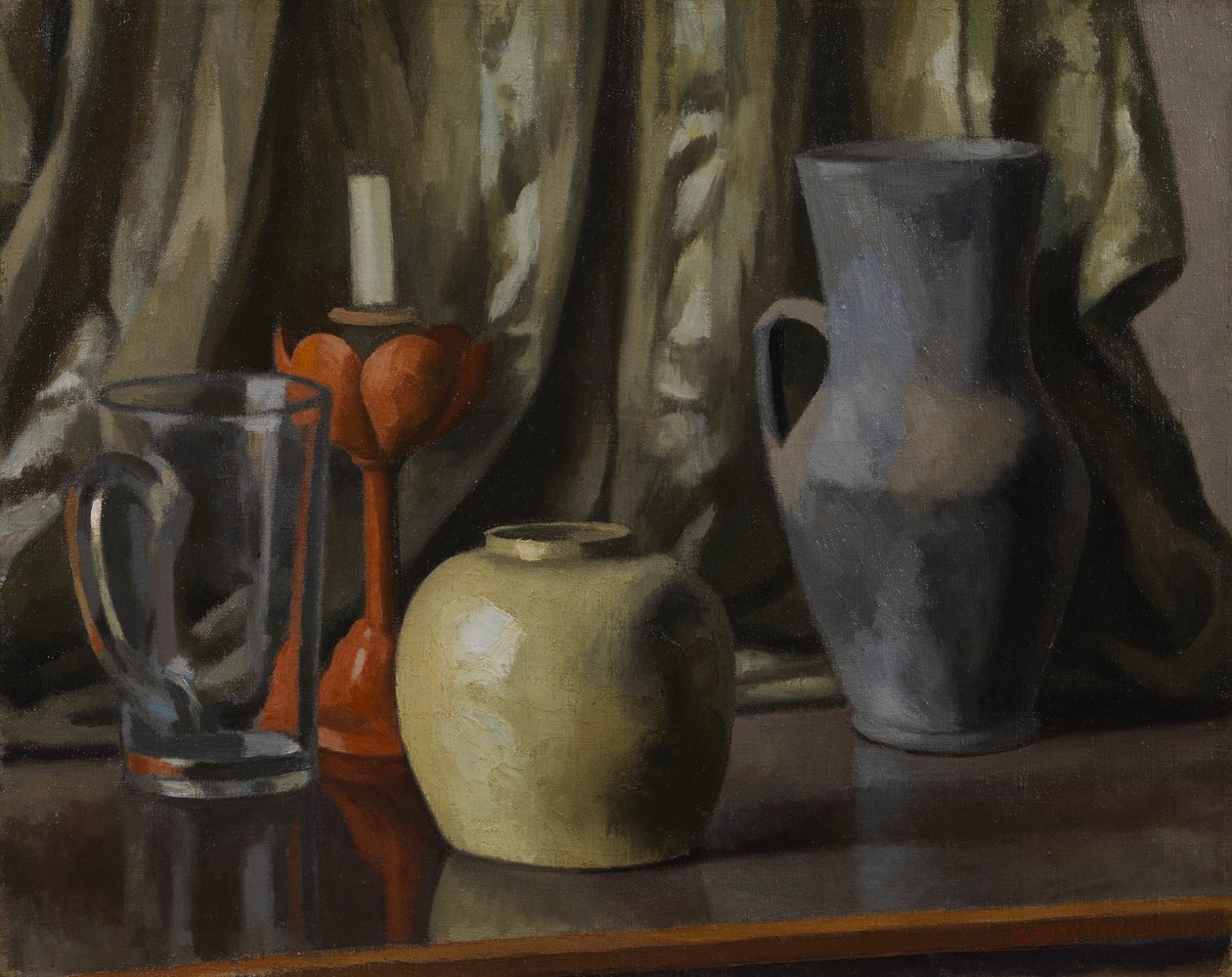 Stilleven met kaars en aardewerken potten door Roger Eliot Fry