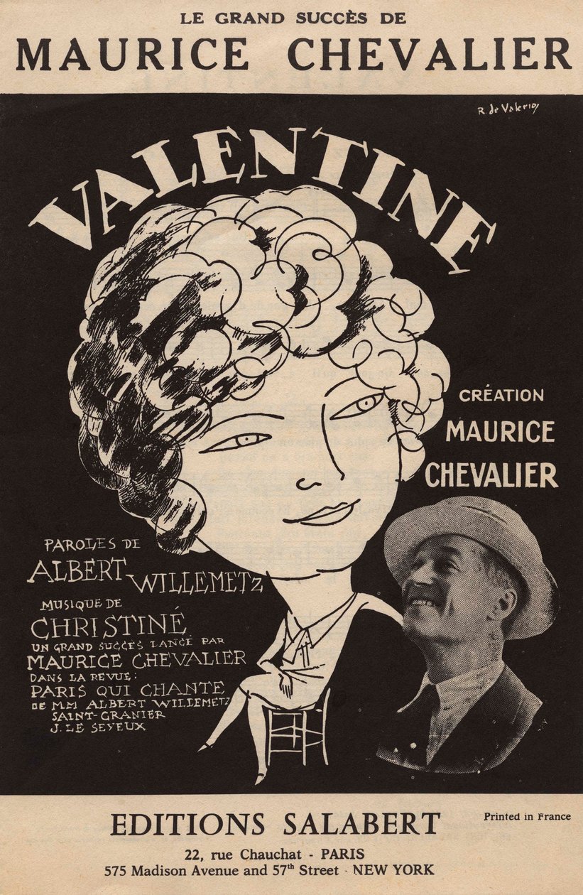 Cover van de partituur van het grote succes van Maurice Chevalier "Valentine" tekst van Albert Willemetz muziek van Christine editions Salabert, c.1925 (print) door Roger de Valerio