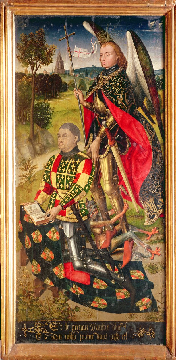 Rechterpaneel, van het hoofdaltaar polyptiek, met de schenker van het altaarstuk, Michel de Chaugy, 1460-66 door Rogier van der Weyden