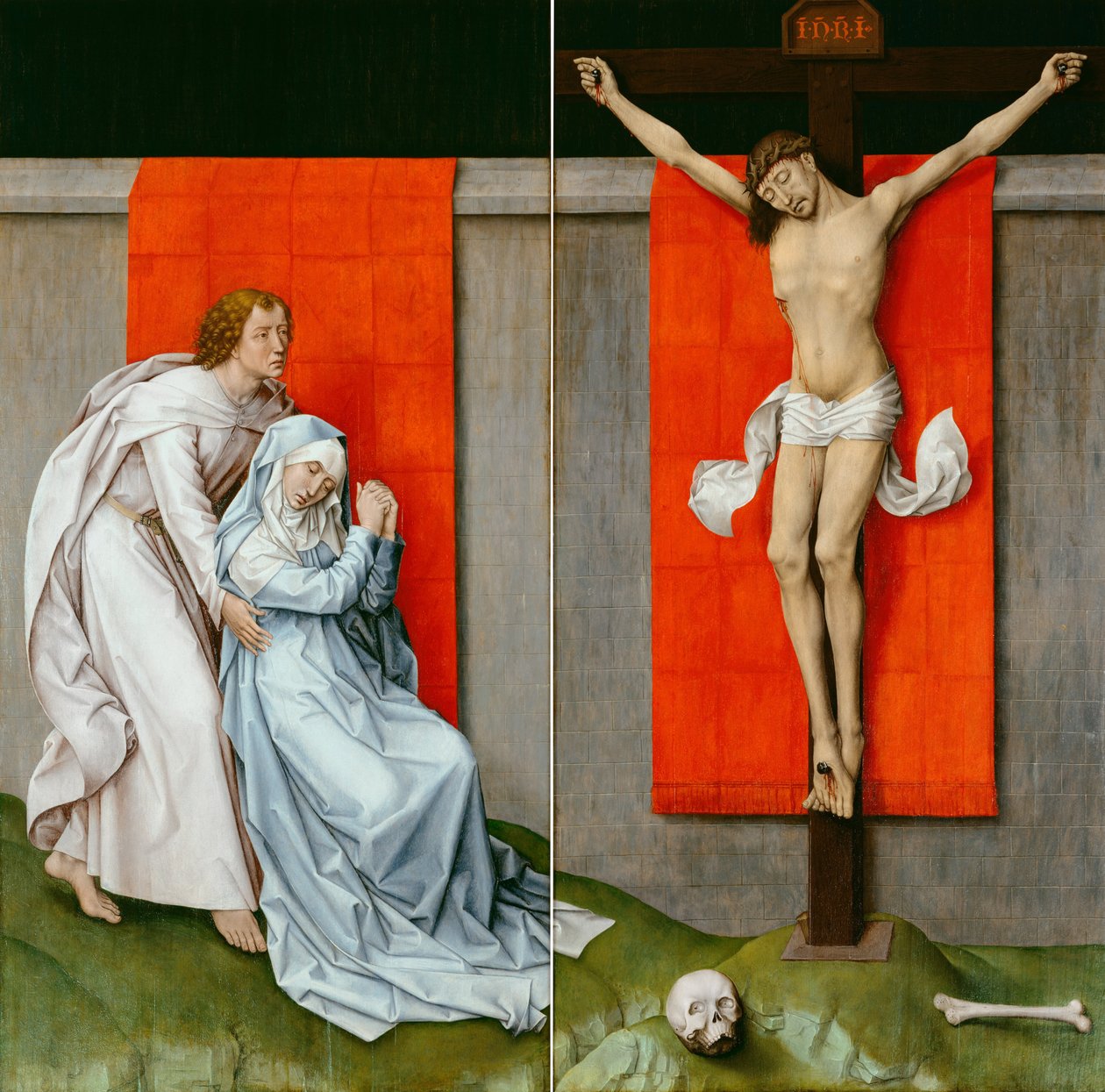 De kruisiging, met de Maagd en Sint Johannes de Evangelist rouwend door Rogier van der Weyden